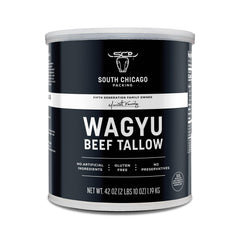 South Chicago Packing Wagyu Tallow bottle closeup for rich flavor and high-heat searing.