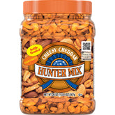 Southern Style Nuts Cheesy Cheddar Hunter canister close-up with bold savory cheese flavor