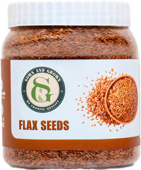 Sown and Grown flax seeds in a jar on a pantry shelf, ideal for easy daily use in baking and smoothies.