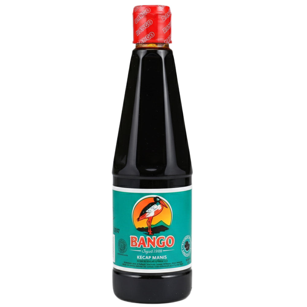 Soy Bango Kecap Manis bottle pouring a thick caramel glaze for meats and stir-fries.