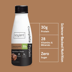 Soylent Complete Protein Shake Chocolate pouring into glass for easy, convenient nutrition.