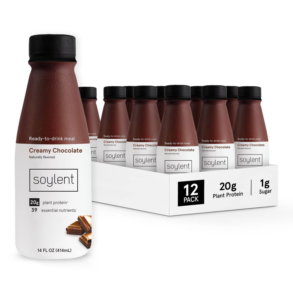 Soylent Creamy Chocolate bottle front showing on-the-go nutrition