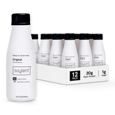 Soylent Original bottle pour shows convenient on-the-go nutrition with 20g vegan protein