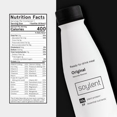 Soylent Original glass serve showcases creamy texture and convenient ready-to-drink meal replacement