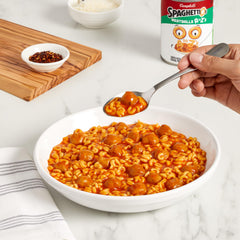 SpaghettiOs A to Z's Meatballs in a bowl, alphabet pasta ready for a cozy family dinner.