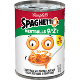 SpaghettiOs A to Z's with Meatballs in package, convenient pantry staple for busy weeknights.