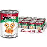 SpaghettiOs A to Z's with meatballs in alphabet shapes, kid-friendly lunch option.