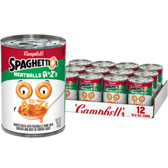 SpaghettiOs A to Z's with meatballs in alphabet shapes, kid-friendly lunch option.