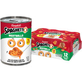 SpaghettiOs canned pasta with meatballs in a multi-pack, convenient for quick family meals.
