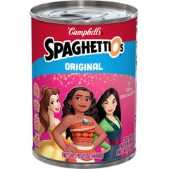 SpaghettiOs Disney Princess shapes can, ready to heat for quick kid-friendly meals.