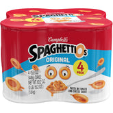 SpaghettiOs original four-pack cans ready for quick family meals.