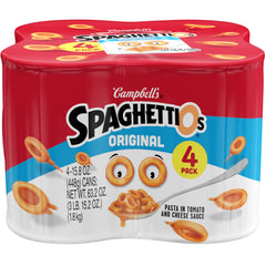 SpaghettiOs original four-pack cans ready for quick family meals.