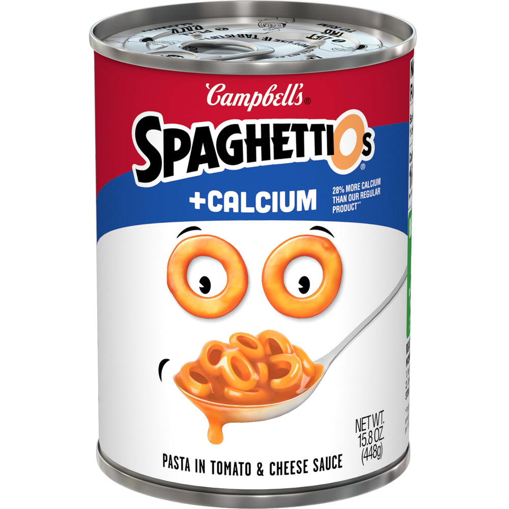 SpaghettiOs Plus Calcium canned pasta bowl ready to eat, a calcium-rich meal