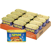 SPAM 25% Less Sodium 12-pack cans on shelf for pantry convenience