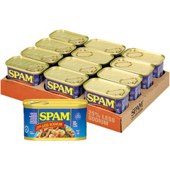 SPAM 25% Less Sodium 12-pack cans on shelf for pantry convenience