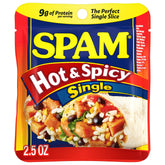 SPAM Hot & Spicy single 2.5oz pouch, unwrapped, convenient ready-to-eat protein for quick meals.
