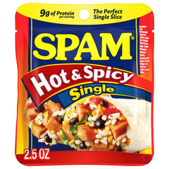 SPAM Hot & Spicy single 2.5oz pouch, unwrapped, convenient ready-to-eat protein for quick meals.