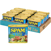 SPAM Lite 12 oz can pack on pantry shelf, ready for quick meals