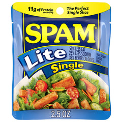 SPAM Lite Singles pack front view for quick meals and pantry staple