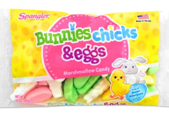 Spangler chick-shaped marshmallows on a festive platter for candy jars.