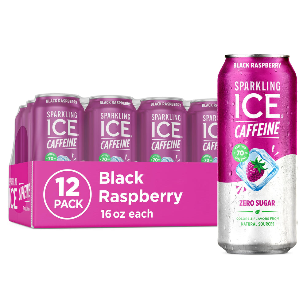 Sparkling Ice Caffeine Black Raspberry can highlighting zero sugar and fruity flavor.