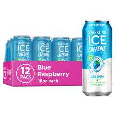 Sparkling Ice Caffeine Blue Raspberry can front with zero sugar and bold flavor.