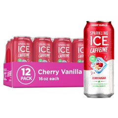 Sparkling Ice Caffeine Cherry Vanilla can front view shows zero sugar and antioxidants