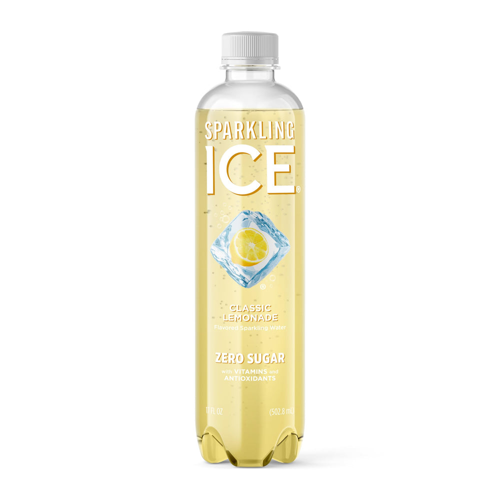 Sparkling Ice Classic Lemonade bottle closeup highlights bold flavor and zero sugar.