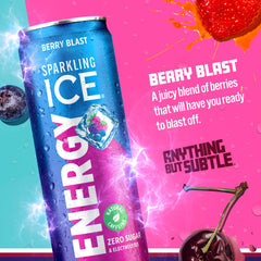 Pouring Sparkling Ice Energy Berry Blast showing fizz and berry color
