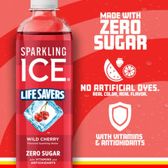 Sparkling Ice Lifesavers Wild Cherry label close-up highlighting vitamins and antioxidants