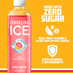 Sparkling Ice Pink Grapefruit being poured, showing effervescence and citrus aroma