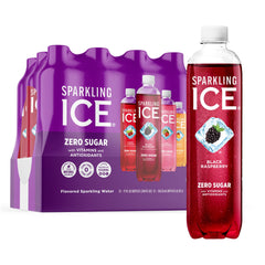 Sparkling Ice Purple Pack black raspberry bottle showing zero sugar and bright flavor.