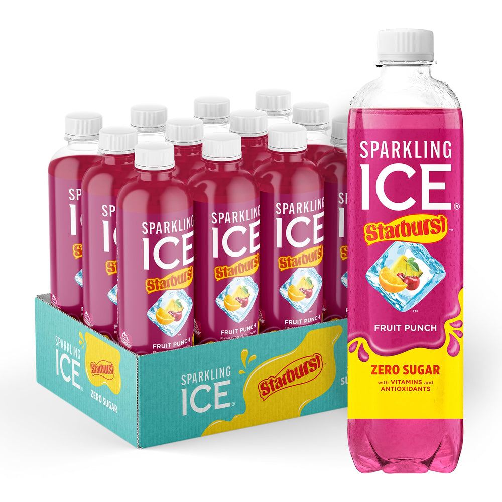 Sparkling Ice STARBURST Fruit Punch bottle front with zero sugar refreshment.