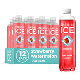 Sparkling Ice Strawberry Watermelon bottle showing zero sugar and vitamins for refreshment.