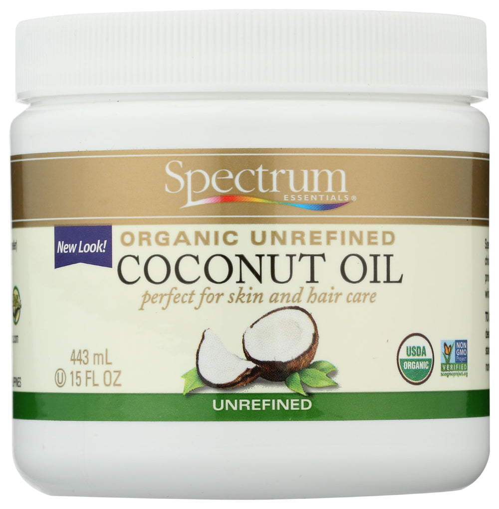Spectrum Essentials Organic Coconut Oil jar with natural aroma for daily skin care.