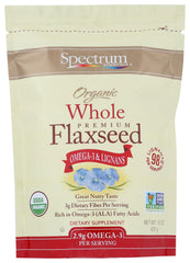Spectrum Organic Whole Flaxseed 15 oz bottle highlights premium seeds for daily nutrition.