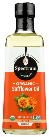Spectrum Organic Safflower Oil bottle shows a clean, neutral flavor for everyday cooking.