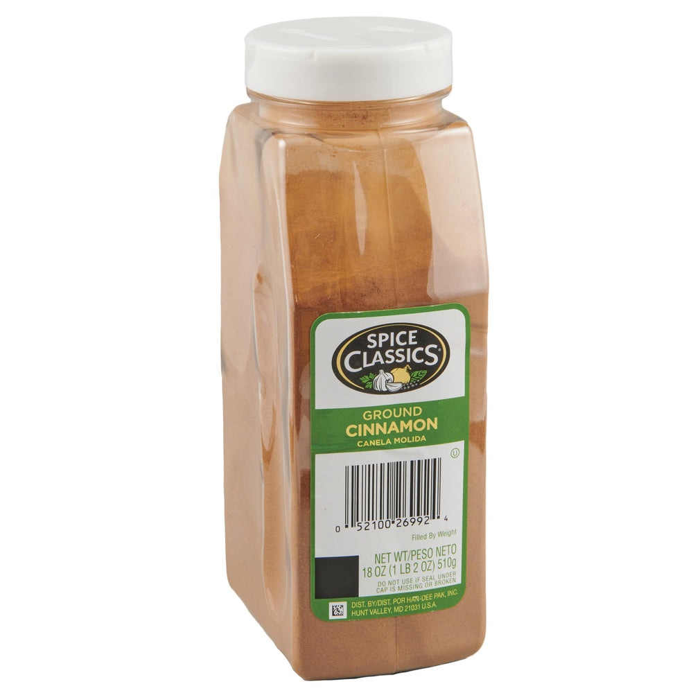 Spice Classics ground cinnamon bottle pour adds warm aroma for baking.