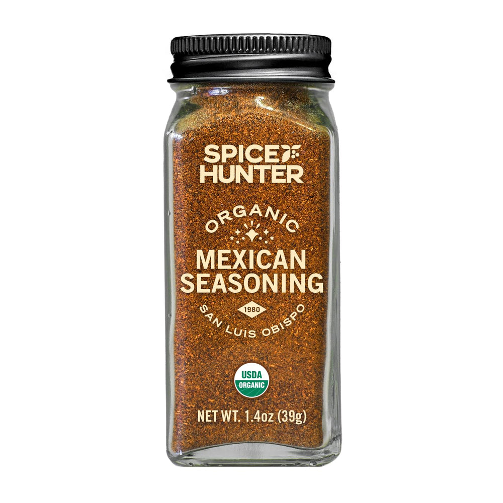 The Spice Hunter Organic Mexican Seasoning Blend jar adds vibrant cumin and paprika for classic Mexican flavors.