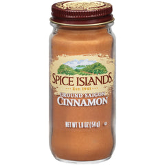 Spice Islands ground cinnamon bottle for easy recipe addition.