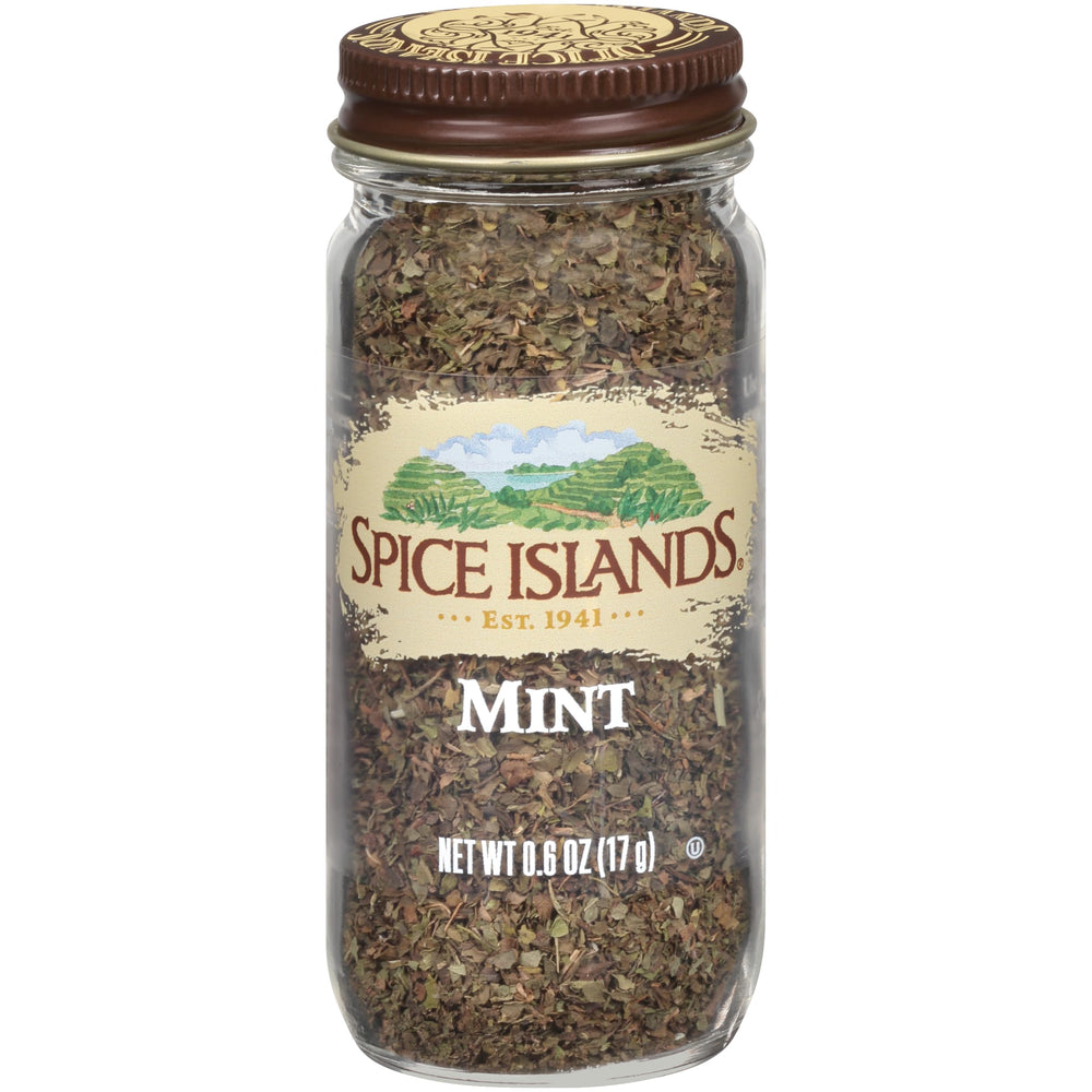 Spice Islands Mint Leaves packaging with fresh sprigs ready to flavor dishes.