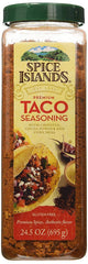 Spice Islands Premium Taco Seasoning bottle ready to flavor chicken, beef, or vegetables.