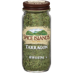 Spice Islands Tarragon 0.5 oz bottle pour close-up for bright herbal sauces.