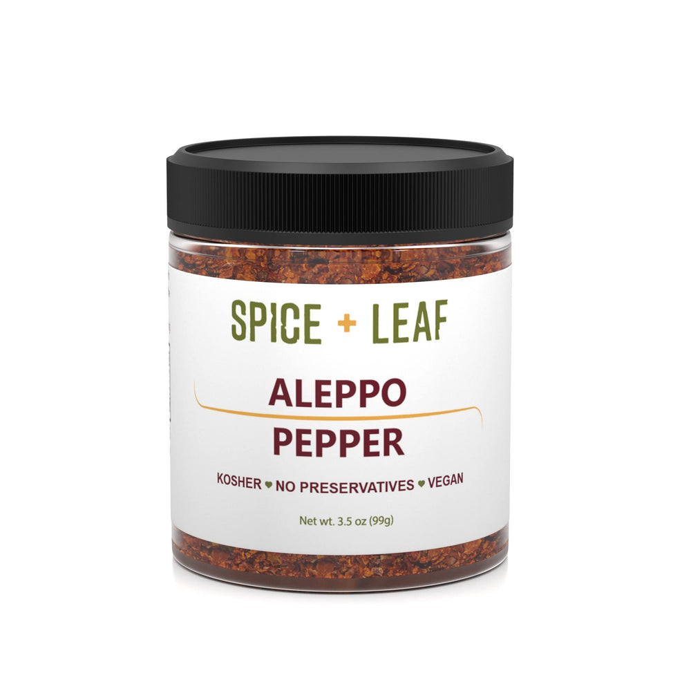 SPICE + LEAF Premium Aleppo Pepper jar with mild fruity heat for versatile cooking.