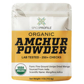 Spice Profile amchur powder packaging in a 4oz resealable pouch preserves freshness.