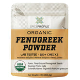 Spice Profile fenugreek powder bottle highlights organic, pure methi flavor enhancer for curries.