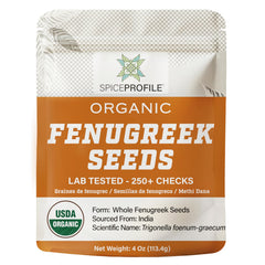 Spice Profile fenugreek seeds in packaging ready for kitchen storage and curries.