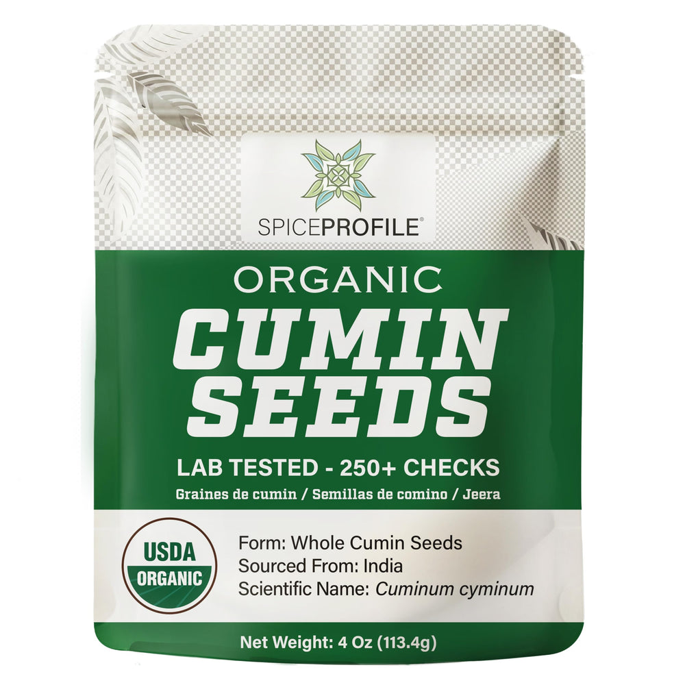 Spice Profile organic cumin seeds (whole) in a resealable 4oz pouch, ideal for tempering curries.