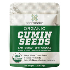 Spice Profile organic cumin seeds (whole) in a resealable 4oz pouch, ideal for tempering curries.