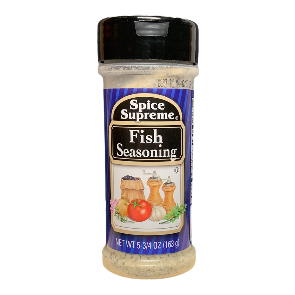 Spice Supreme Fish Seasoning bottle pour enhances seafood flavor.